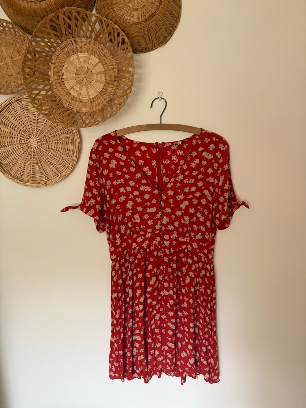 Madewell Red Floral Tie-Sleeve Short Dress